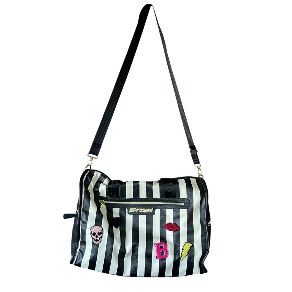 Betsey Johnson Black White Stripe Duffel Weekender Bag Patches Floral Lining